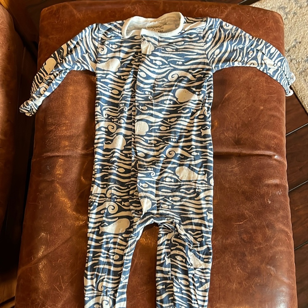 Whale themed bamboo magnetic snap pajamas, 6-9 months